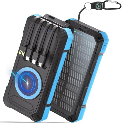 56800mAh Batterie Externe Solaire: 30W PD 3.0A USB C Power Bank Charge Rapide avec 4 Câbles, 6 Sorties/3 Entrées, 15W Chargement sans Fil, Lampe de Poche, Voyant LED, Chargeur Externe pour Téléphone