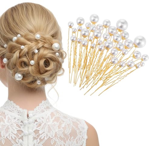 JIEYAO 36 Pcs Wedding Pearl Hair Pins, Pearl Hair Accessories, Bridal Bobby Pins U Shape Pearls Rhinestone Hair Barrette Bridal Hair Clips Decorative for Bride Bridesmaid Women Girls(Gold)