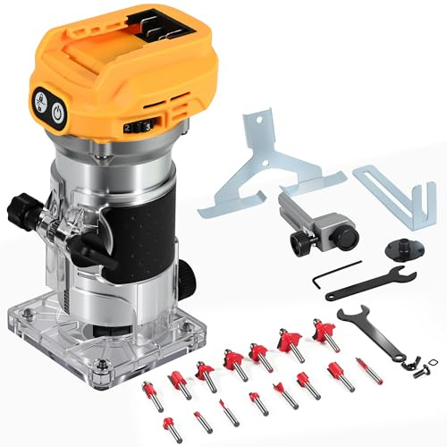 Cordless Router Tool, 800W 28,000RPM Power Palm Router, Fits DeWalt 20V Battery, 6 Speed, Wood Router with 15 1/4 Bits for Woodworking Slotting Trimming (Battery Not Included)