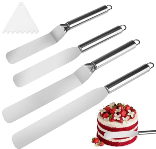 Set of 5 Stainless Steel Angled Palette Cake Angled Palette Stainless Steel Set, 4 Cake Angle Palettes and 1 Glaze Spatula, Spreading Palette for Cakes, Baking, Spreading Cream and Decorating Cakes