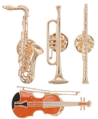 POPETPOP Set di 4 Spille Vintage Strumenti Musicali in Lega Oro, Spille Leggere e Portatili a Forma di Chitarra, Sassofono, Tromba e Flauto per Borse e Cappelli a Concerti