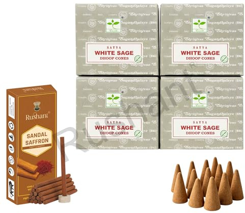 Satya White Sage Dhoop Cones with Stand, 4 Packs x 12 (48 Cones Total) + Rushant Sandal Saffron Dhoop Sticks (10) – Incense Set for Relaxation & Meditation