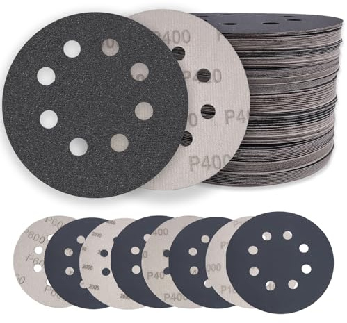 60 pcs 5 inch Wet Dry Sanding Discs Hook & Loop, 400 600 800 1000 1500 2000 Grit Waterproof Sandpaper Silicon Carbide Orbital Sander Sandpaper for Automotive Wood Metal Polishing & Sanding