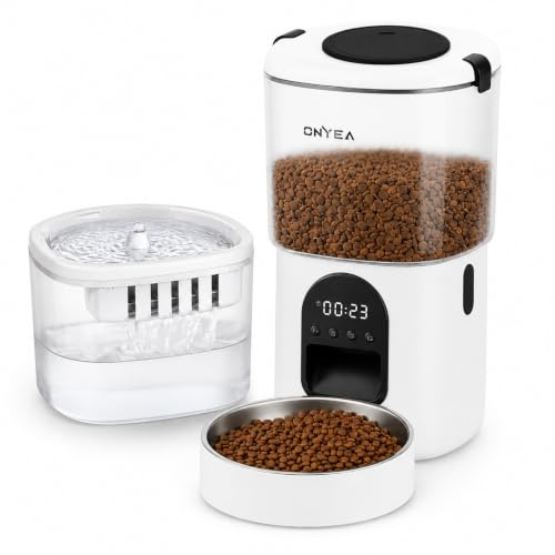 ONYEA Automatic Cat Feeder with Timer and Water Fountain, 4.5L/2.5L | 2-in-1 feeding station with LCD timer, up to 4 daily meals, 1-10 portions and feeder battery backup.