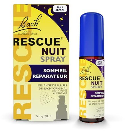 RESCUE NUIT Spray Sans Alcool 20ml – Mélange de 6 Fleurs de Bach Original - Idéal pour pensées qui tournent en boucle, périodes intenses