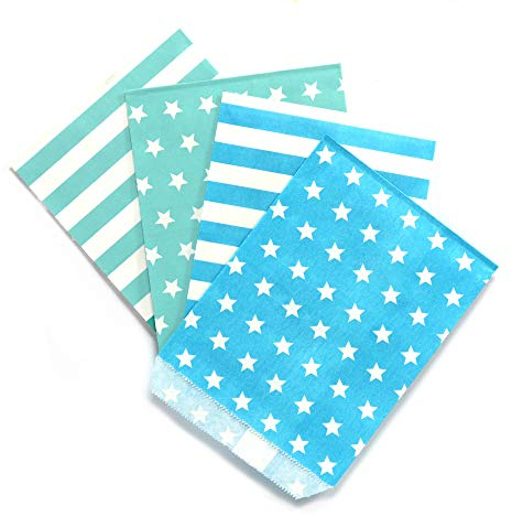 Frau WunderVoll® 100 PAPIERTÜTEN IM Set 15, 4x25 Stück: türkis Streifen, türkis Sterne, beachblau Streifen, beachblau Sterne 13x16,5cm, 45Gramm Papier, flach/Hochzeit, Papiertütchen, Mitgebseltüten