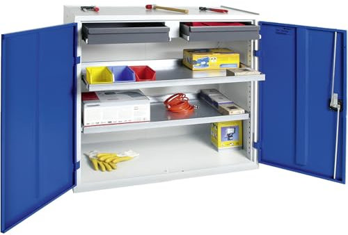 Werkzeug- und Materialschrank Serie 3000, 7035/5010, 2 Schubladen 100 mm, 2 Wannenböden