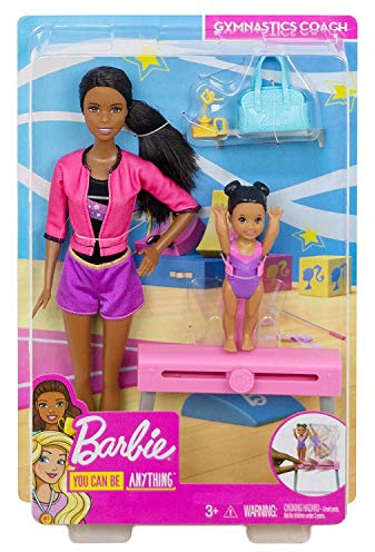 Barbie Gymnastics Dolls and Playset with Brunette Coach Barbie Doll, Brunette Small Doll and Balance Beam with Sliding Mechanism