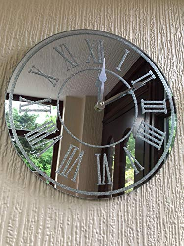 DEENZ Round SILVER SPARKLE GLITTER MIRRORED WALL CLOCK ROMAN NUMBER GLASS WALL CLOCK NEW