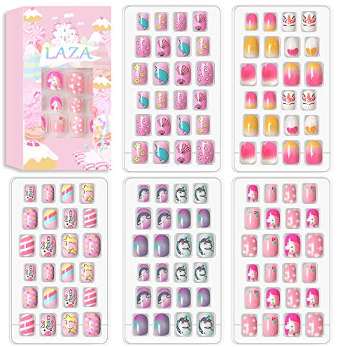 Laza 120pcs Kindernägel Drücken Sie auf Vorkleber Full Cover | Farbverlauf Regenbogen Funkelnder Stern Einhorn Shell Kurze Falsche Nagelsets für Kinder Teenager - Legend of Unicorn