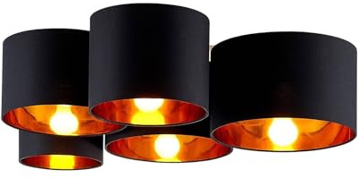 Lindby Stoff Deckenlampe schwarz-gold, 5 Schirme Ø 20 25 28 30 32 cm 5x E27 max. 60W ohne Leuchtmittel Textil Deckenleuchte Wohnzimmerlampe