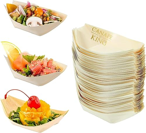 Canape King Disposable Wooden Boat Dishes 50pcs - Pinewood Snack Sushi Serving Bowls Food Take Out Trays - Suitable for Parties Weddings Christmas Catering Restaurant (S (12 x 6.5cm))