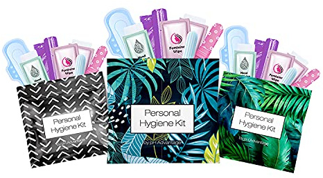 3 x Menstrual All-in-One Kits - Assorted Colors | Convenience on The Go | Single Period Kit Packs | Individually Wrapped Feminine Hygiene Products (Black Treads/Blue Forest/Green Ferns)