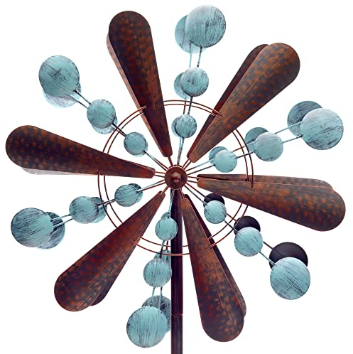 HAFIX Windrad Windtropfen 3D Optik Ø58cm. Windspiel für den Garten aus Metall. Windmühle mit Höhenverstellung dekorativ einzigartiger Blickfänger, wetterfest & UV-beständig blau & Kupfer, H: 182cm.
