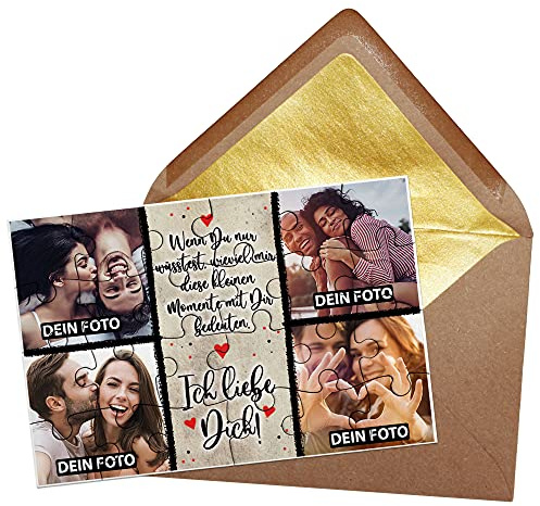 Foto-Puzzle - Collage Ich Liebe Dich - inkl. Briefumschlag mit Gold-Inlay - Geschenk für Paare, Liebe, Valentinstag - mit Vier Bildern Bedrucken Lassen - 24 Teile