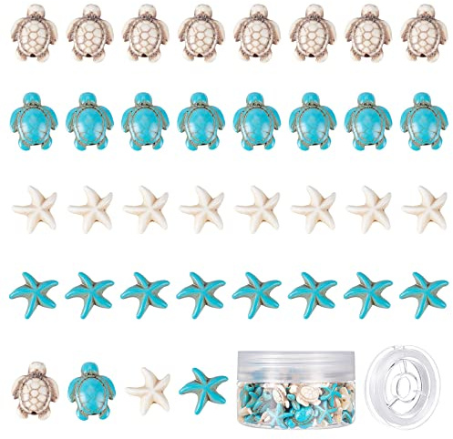 SUNNYCLUE 1 Box 100 Stück 18mm Meeres Schildkröte Perlen Schildkröten Türkis Seestern Perle Synthetische Seestern Schildkröte Charms Geschnitzte Ozean Tier Zwischenperlen Für Armbänder DIY Beads