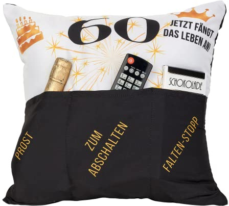 KAMACA Originelles Dekokissen Kissen mit 3 Taschen zum selber Befüllen Größe 43x43 cm tolles Geschenk zum runden Geburtstag (60. Geburtstag)