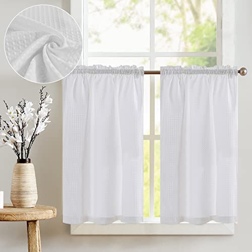 Vangao Waffel Scheibengardinen Modern Weiß Küche Bistrogardine 2er Set 90Bx60Hcm Einfarbig Landhaus Gardinen Kurz mit Stangendurchzug Lichtfilterung Küchengardinen Wohnzimmer Wohnwagen Kleine Fenster