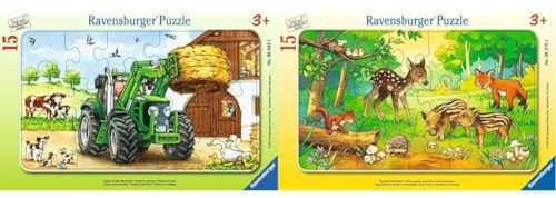 Ravensburger Kinderpuzzle - 06044 Traktor auf dem Bauernhof - Rahmenpuzzle für Kinder ab 3 Jahren, mit 15 Teilen & Kinderpuzzle - 06376 Tierkinder des Waldes - Rahmenpuzzle für Kinder ab 3 Jahren