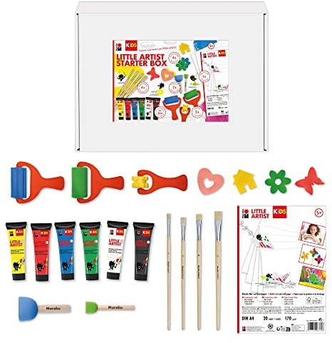 Marabu KiDS Little Artist, Starter Box, Mal- und Bastelbox für Kinder ab 3 Jahren, inkl. 6 x 36 ml auswaschbare Kindermalfarbe, Bastelpapier, Künstlerpinseln und Schwammstempeln, 0305000000112