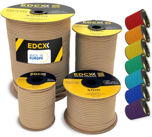 EdcX 4mm Nylon Paracord 550 30m (100 Piedi) - Tipo III, Corda 100% Nylon, Corda 7 Fili, Corda Nylon 4mm in Tinta Unita (Tan, 30 m)