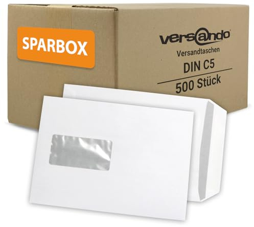 versando 500x Versandtaschen C5 mit Fenster Haftklebend 162x229mm weiß: | Briefumschläge für Büro, wichtige Unterlagen, blickdicht, einfach verschließbar