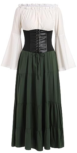 Damen Mittelalter Kleid Gothic Retro Trompeten?rmel Partykleid Renaissance Cosplay Mittelalterliches Kost?m Viktorianischen K?nigin Kleid Langes Abendkleid Maxikleid f?r Halloween Karneval Gr?n M