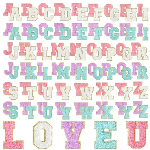 Morcheiong 104Pcs Self Adhesive Chenille Letter Patches Chenille Letters, Letter Patches for Clothing Fabric (Blue, White, Pink, Purple)