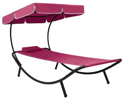 Homgoday Garten-Sonnenliege mit Sonnendach und Kissen Rosa Gartenliege Liegestuhl Balkonliege Strandliege Relaxliege Terrassenliege für Balkon Garten Terrasse