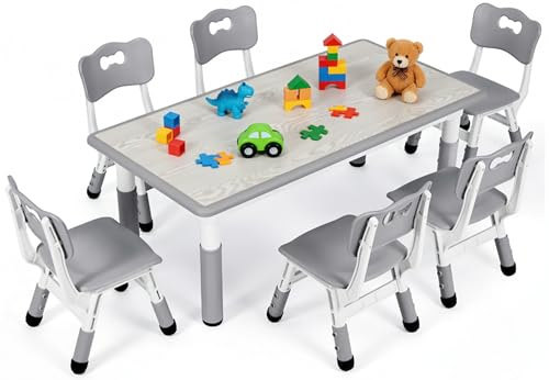MAMIZO Tavolo Bambini Con 6 Sedie Regolabile in Altezza, Set per l'Asilo e la Cameretta, in Plastica, per Bambina dai 2 Anni, Grigio