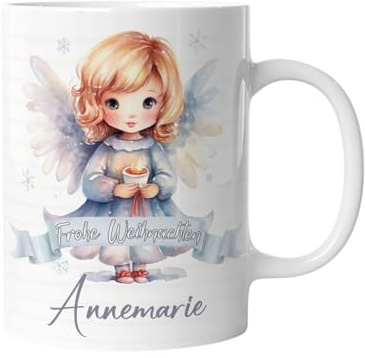 timalo® Tasse personalisiert mit Namen Geschenk „Frohe Weihnachten“ Kaffeetasse Jungen und Mädchen | Weihnachts Engel