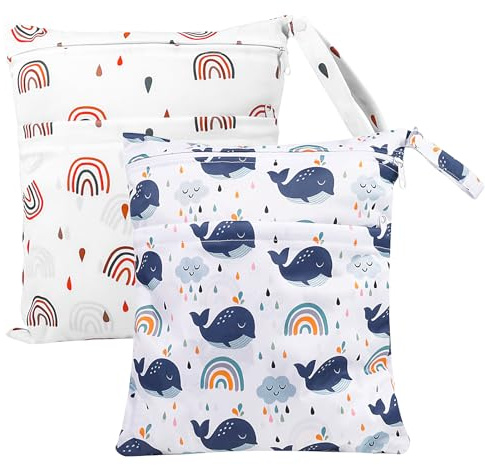Radsocken 2 Pcs Wet Bag,Waterproof Wet Dry Bags Reusable Cloth Diaper Bags | Nappy Bags with Double Zipper Pockets for Baby Items Wet Clothes Swimming Gym Pool Beach Bag(Blue+Orange)