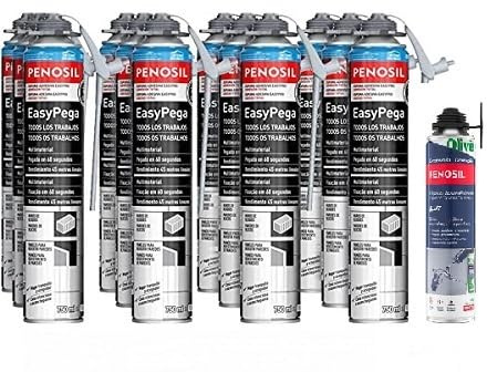 Mousse polyuréthane adhésive universelle EasyPega avec canule 12 bouteilles de 750ml Gris + nettoyant Penosil (12 bouteilles EasyPega + nettoyant Penosil)