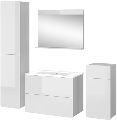Vicco Badmöbel-Set Izan, Weiß, 80 cm | besteht aus Waschbeckenunterschrank, Waschbecken, Hängeschrank, Hochschrank und Midischrank