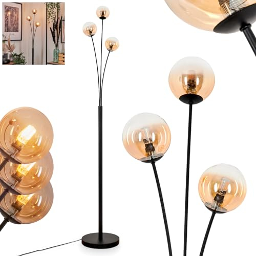 Stehleuchte Bernado, Stehlampe aus Metall/Glas in Schwarz/Bernsteinfarben/Klar, Leuchte im Retro/Vintage-Design mit Schirmen aus Glas (Ø 10 cm), dimmbar über Fußschalter, 3 x G9, ohne Leuchtmittel