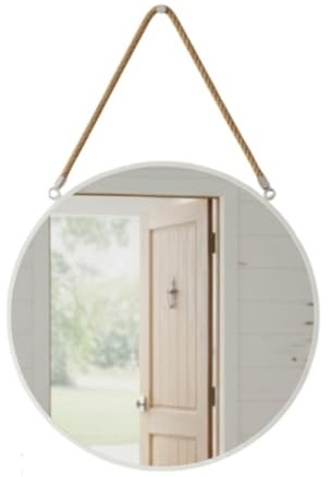 Provance Badezimmerspiegel Wandspiegel Runder Spiegel Durchmesser 43 cm Dekoration Hängender Spiegel mit Kordel Farbe Weiß Weißer Rahmen Bad Arbeitszimmer Schminkspiegel