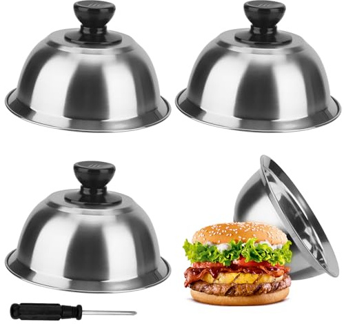 FAAING 4er Set Burgerglocke Edelstahl 16cm, Burgerhauben Burger Cover Edelstahl Schmelzglocke mit Handhaben und Schraubendreher, Hamburger Glocke für Grill Cheeseburger Steak