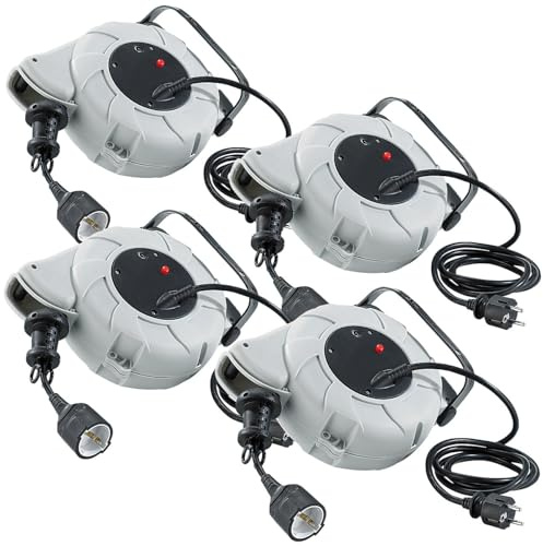 revolt Deckensteckdosen: 4er-Set 9 Meter Kabeltrommeln zur Festmontage an Wand & Decke (Kabeltrommel automatisch, Steckdose Deckenmontage, Kabel)