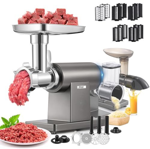 Flyseago Meat Grinder Electric 3200W Meat Mincer Chopper Machine Multifunctional with Cutting Blade 3 Grinding Plates 3 Sausage Stuffers Kubbe Kit Juicer Cheese Grater Veggie Shredder
