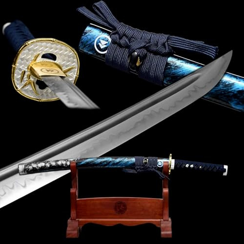 KWXPW Echtes professionelles Samurai-Schwert,von Hand geschmiedet,Scheide aus massivem Holz mit Sprühfarbe,Japanisches Wakizashi-Katana,Klinge aus T10-Stahl
