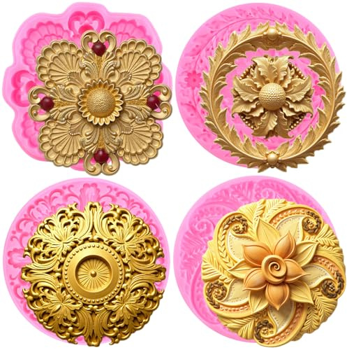 RFGHAC Baroque Fondant Moulds Embossed Flower Lace Silicone Moulds Flower Wreath Garlands Chocolate Moulds for Cake Decorating Gum Paste Candy Polymer Clay Set of 4
