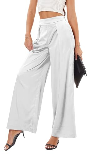 Fakanhui Palazzo-Hose für Damen, weites Bein, Satin, Arbeit, Business, Freizeit, elegant, plissiert, Party, Club, Weiss/opulenter Garten, Groß