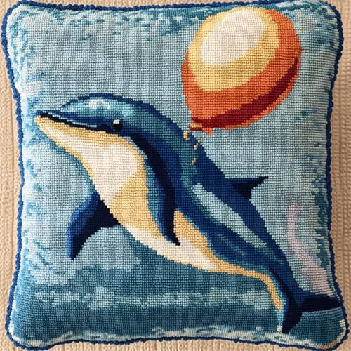 RKFLGEW DIY Knüpfen Set Fantasie Delfin Tier DIY Knüpfkissen，Überwurfkissen，Matte，Stickerei-Bastelsets Für Anfänger Mit Aufgedrucktem Muster，Heimdekoration 43x43cm