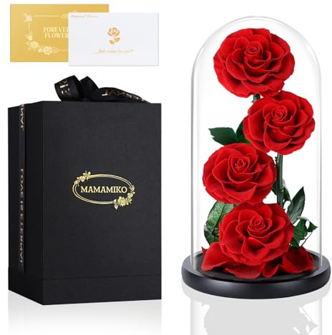 4 ewige rote Rosen im Glas, Infinity konservierte echte Blumen für bis zu 5 Jahre, Jubiläums- & Geburtstagsgeschenk, Geschenke für Frauen, Freundin, Mama, Oma