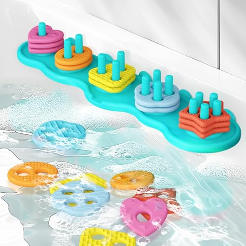 ZOBUU Schimmelfreies Silikon-Baby-Badespielzeug, sensorisches Formsortier- und Stapel-Set enthält 20 schwimmende Teile, frühes Lernen Badewannenspielzeug für Kleinkinder ​