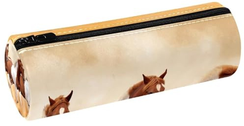 VAPOKF Trousse à crayons en cuir synthétique avec imprimé chevaux qui courent dans la poussière - Trousse de maquillage pour femmes, filles, garçons, enfants, fournitures scolaires et de bureau