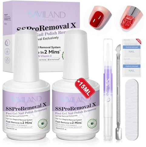 Saviland Nagellackentferner, 2pcs 15ml Gelnägel Entferner, 2 Min Schnelle Nail Polish Remover, UV Nagellack Reiniger, Gel Remover Nägel for Gel Nagellack, Acryl Pulver, Dip Pulver