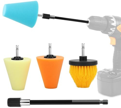 Linkstyle 5PCS Drill Bit Cone Polisher Car Wheel Hub Polishing Brush Tool Polishing Sponge Pad, with Hand-Held Extension Pole, Car Buffers and Polishers Kit for 1/4 hex Drill