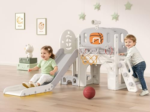 BIERUM 9 in 1 Toddler Slide Set - Baby Slide for Toddlers 1-3 with Ring Toss and Basketball Hoop, Indoor Outdoor Toddler Playset Playground Beige Gray