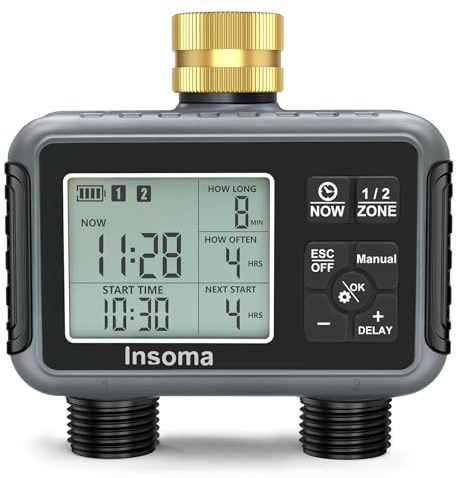 Insoma Water Timer with Brass Inlet, 2 Independent Zones Outdoor Hose Timer for Garden Faucet with Auto/Manual/Rain Delay Mode, Sprinkler Irrigation Timers for Yard Lawn